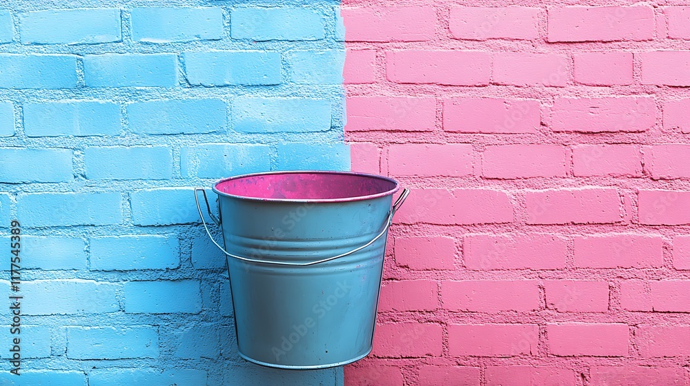 Naklejka premium Brick wall texture bucket with graffiti on pink and blue background