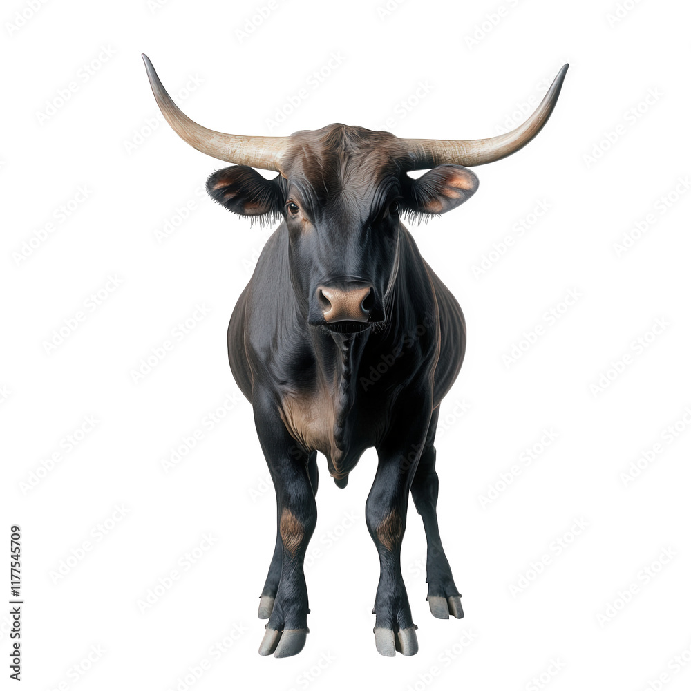 Naklejka premium realistic depiction of a bull standing upright. showcasing its muscular build. prominent horns. and glossy black coat the background is minimalistic. emphasizing the bull as the central subject. which