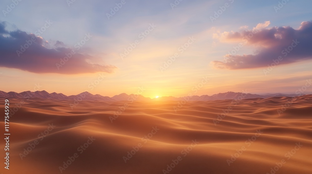 A serene desert landscape captures the warm hues of a sunset over rolling sand dunes, ideal for travel brochures, nature publications, or relaxation-themed content A serene desert landscape captures the warm hues of a sunset over rolling sand dunes, ideal for travel brochures, nature publications, or relaxation-themed content