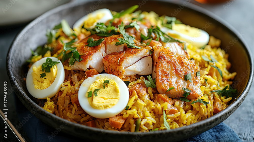 Kedgeree with flaked fish, rice, and boiled eggs Kedgeree with flaked fish, rice, and boiled eggs