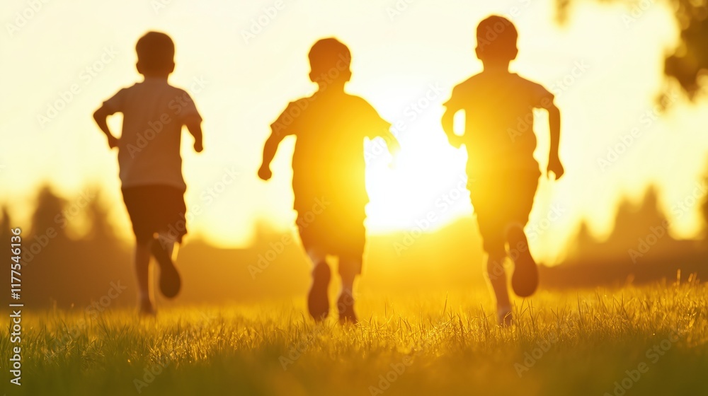 Children Running in Park at Sunset Capturing Joyful Childhood Moments and Family Bonding During Golden Hour in a Tranquil Nature Setting Children Running in Park at Sunset Capturing Joyful Childhood Moments and Family Bonding During Golden Hour in a Tranquil Nature Setting