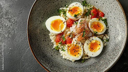 Kedgeree with flaked fish, rice, and boiled eggs  photo