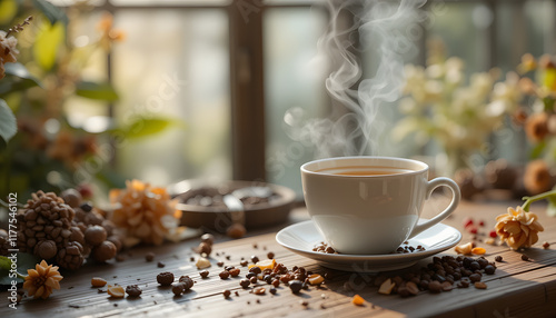 A cup of steaming coffee on a rustic table, surrounded by a cozy morning vibe photo