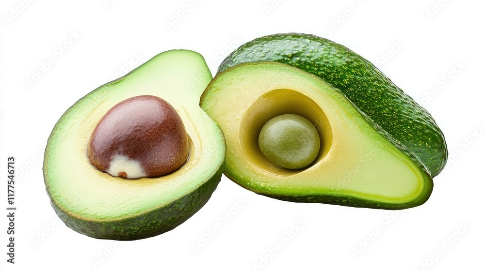 Two halved avocados showcasing their green flesh and seeds.