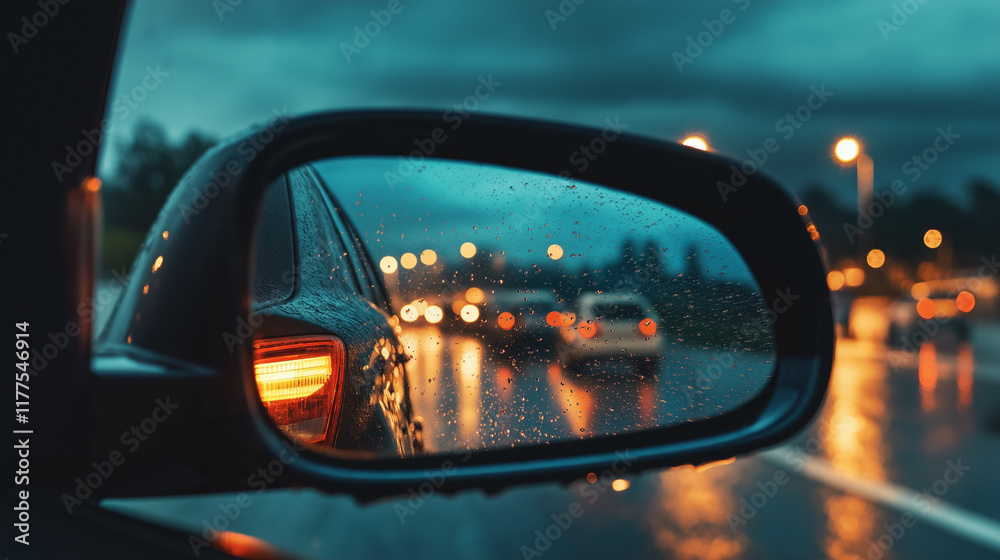 Bokeh Lights in Car Side Mirror on Wet Road
Bokeh Lights in Car Side Mirror on Wet Road