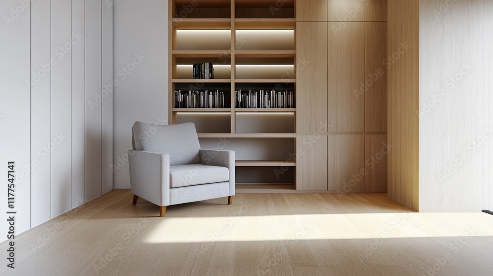 A minimalist interior featuring a chair and bookshelf. A minimalist interior featuring a chair and bookshelf.