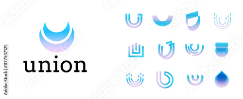 Modern gradient logos with blue and purple hues symbolizing unity, innovation, collaboration. Logo set for branding, tech companies, or community organizations. Abstract Letter U. Vector symbol