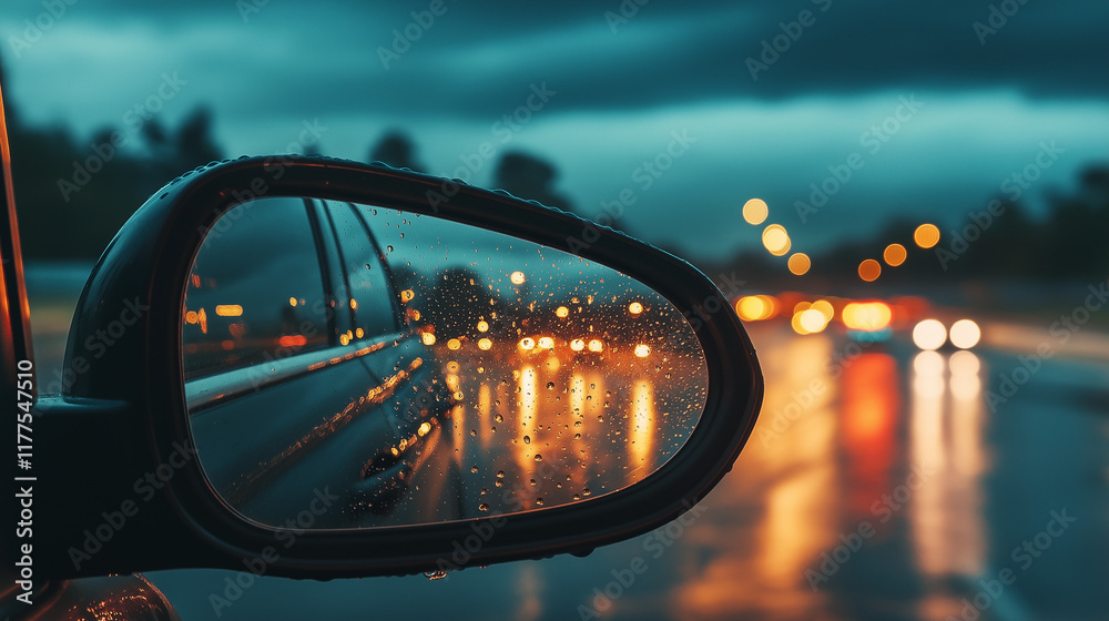 Rearview Mirror Reflection of a Rainy Night Drive Rearview Mirror Reflection of a Rainy Night Drive