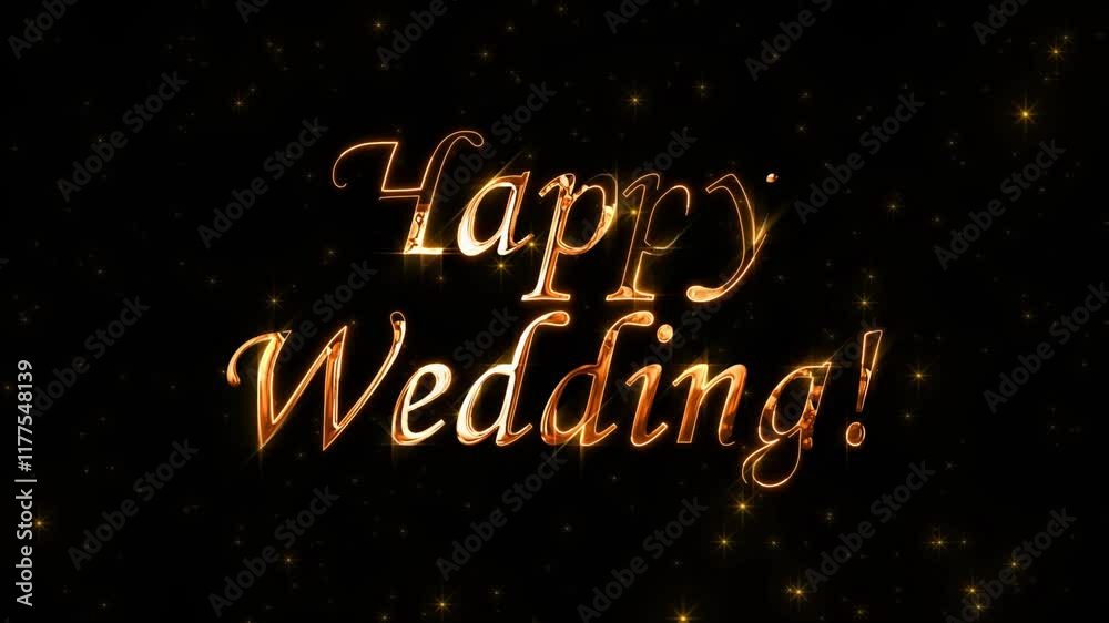 golden luxury happy wedding text effect with spark and particles on black star sky, beautiful typography magic design, sparkling effects celebration concept animation background