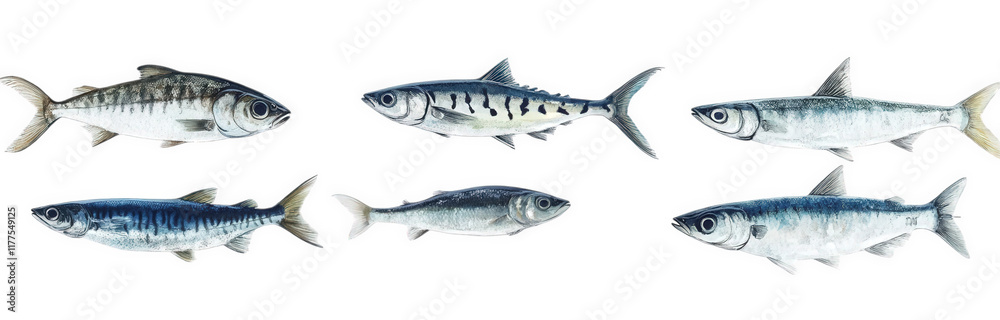 series of fish illustrations. showcasing different species with detailed anatomical features the fish are arranged in a horizontal line against a white background. highlighting their shapes and colors series of fish illustrations. showcasing different species with detailed anatomical features the fish are arranged in a horizontal line against a white background. highlighting their shapes and colors