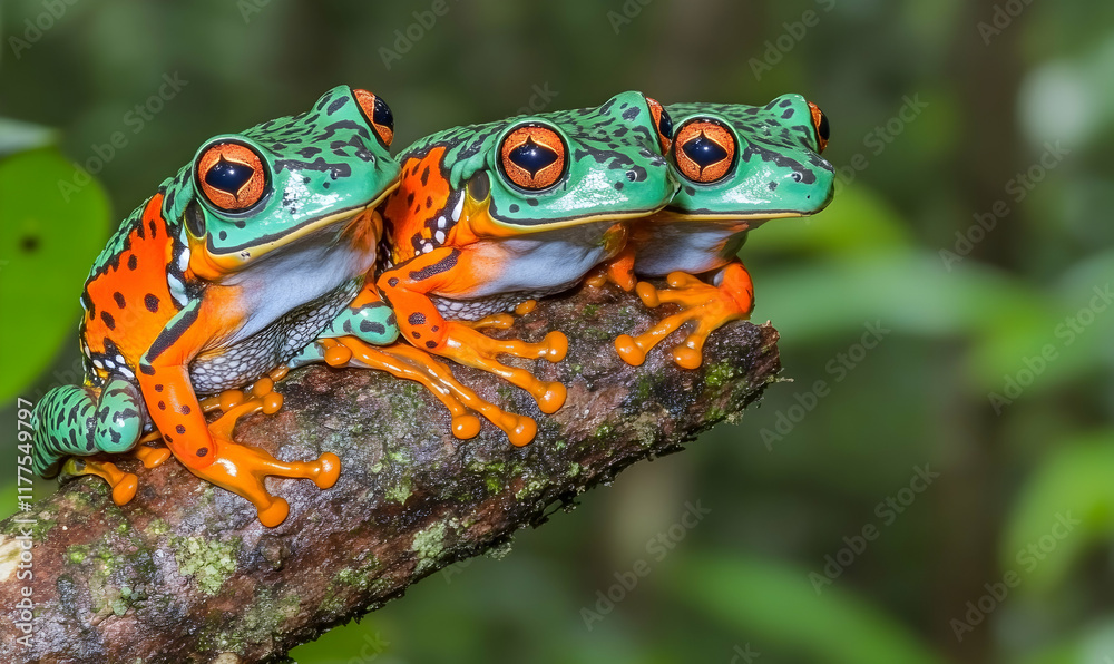 Three vibrant green and orange frogs perched on a branch in a lush rainforest, showcasing their striking colors and unique patterns. Three vibrant green and orange frogs perched on a branch in a lush rainforest, showcasing their striking colors and unique patterns.
