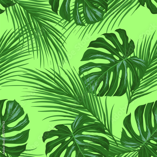 Jungle vector pattern with tropical leaves. Trendy summer print. Exotic seamless background.	
