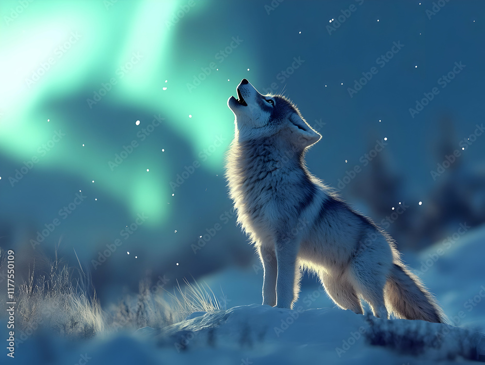 Obraz premium A majestic wolf howls at the northern lights in a serene winter landscape, capturing the beauty of nature's wonders.