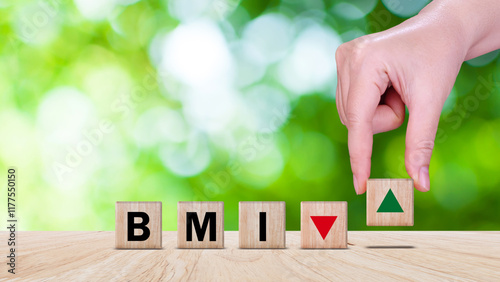 BMI big mac index symbol, Concept words BMI big mac index on wooden cube, Medicine and Body Mass Index concept, Doctor health.