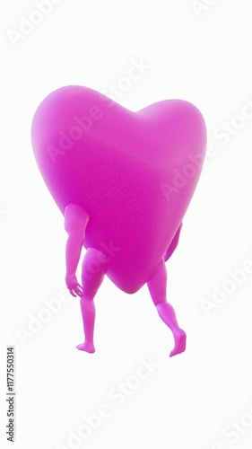 360 Degree Bizarre Pink Heart with Arms and Legs on a White Background for Valentine’s Day Design in Horizontal 4K 3D Animation Stock Video photo