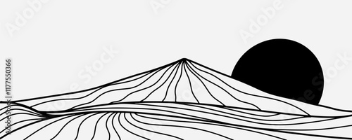 Minimalist line art illustration of a mountain landscape, with sharp and detailed lines. photo