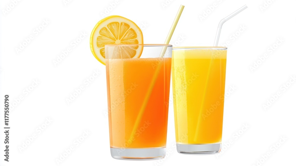 Two refreshing fruit drinks with lemon garnish and straws. Two refreshing fruit drinks with lemon garnish and straws.
