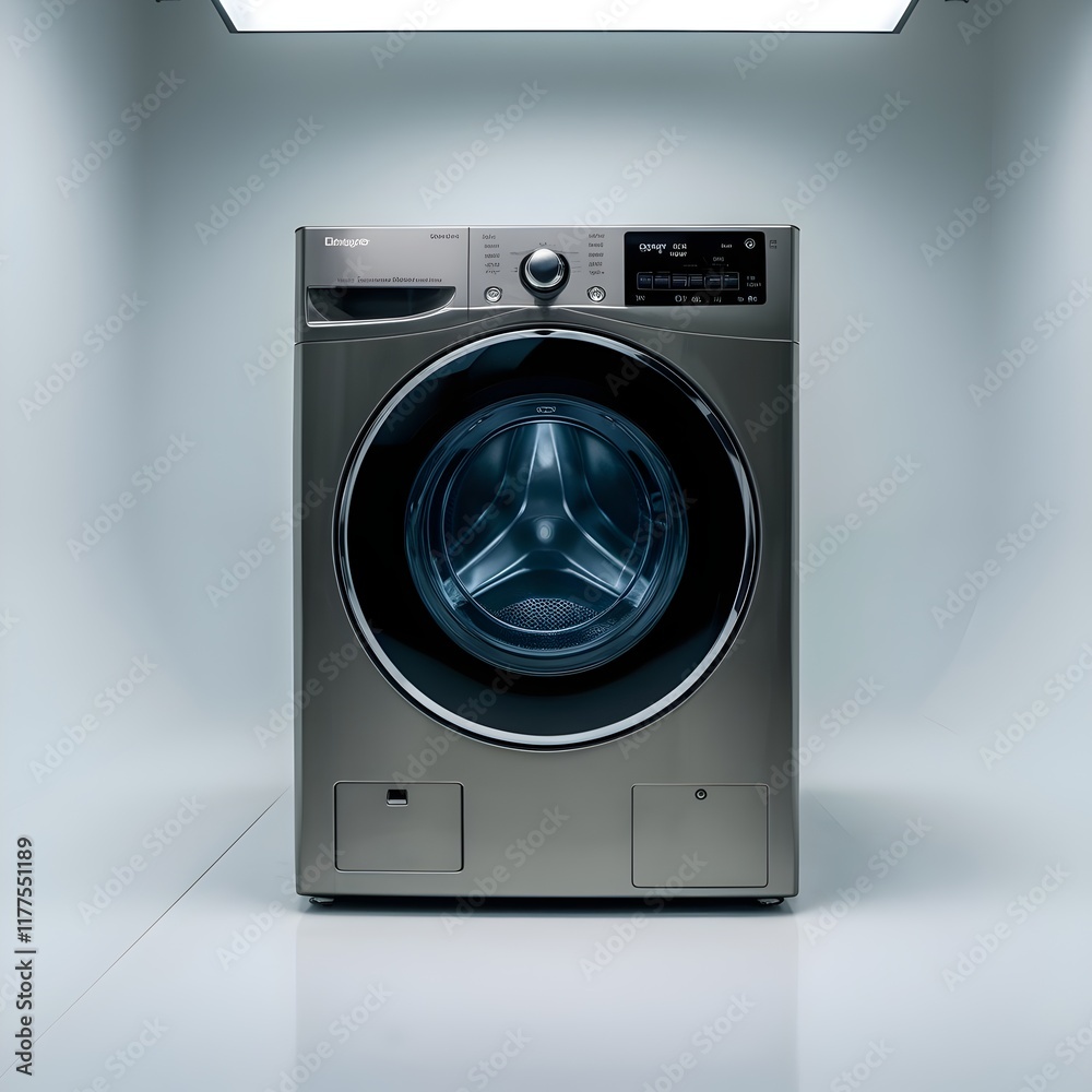 Single Washing Machine in Focus front load washer laundry room, transparent door, translucent silver control panel on light gray background, elegant craftsmanship Single Washing Machine in Focus front load washer laundry room, transparent door, translucent silver control panel on light gray background, elegant craftsmanship