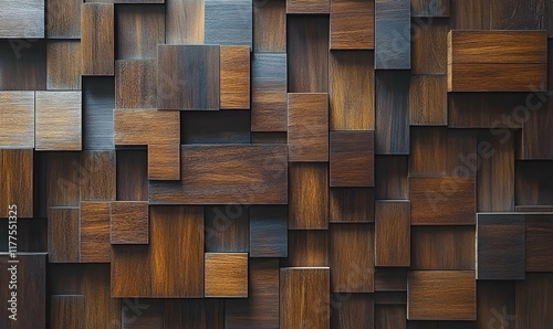Fototapeta Naklejka Na Ścianę i Meble -  Abstract geometric pattern of dark brown wooden blocks, creating a textured background ideal for design projects and presentations.