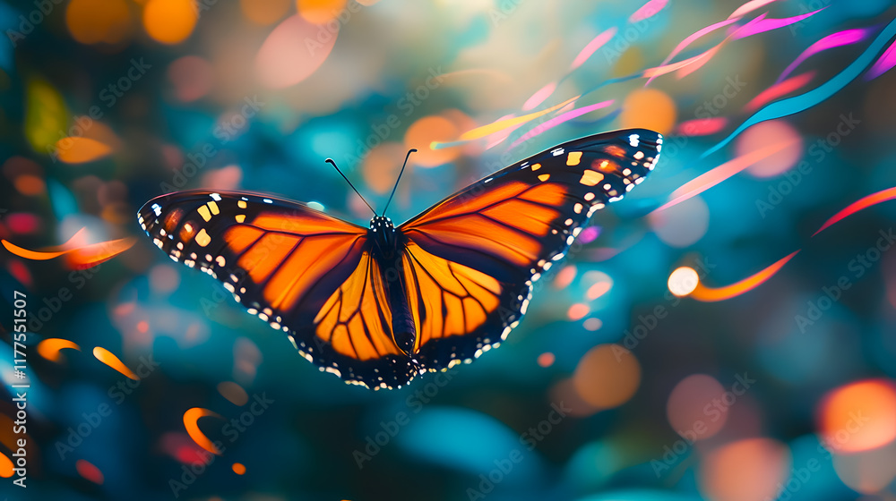 Fototapeta premium Vibrant Monarch Butterfly in Flight Surrounded by Colorful Bokeh Lights and Soft Abstract Background