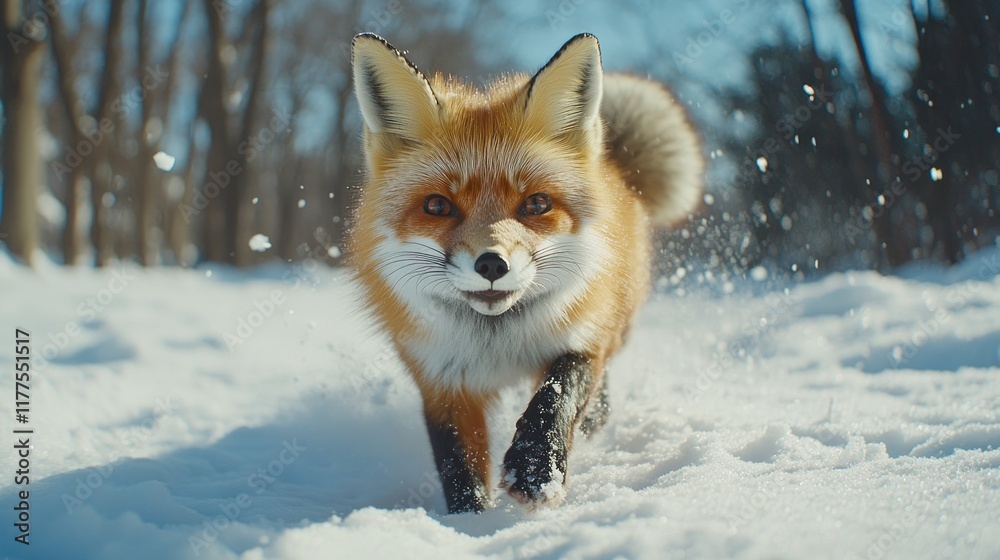 Naklejka premium Playful red fox running through snowy forest.