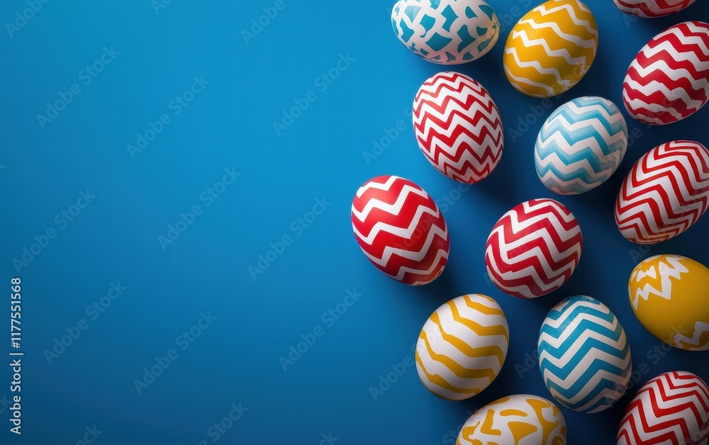 Fototapeta premium Decorated Easter eggs with zigzag patterns, levitating on a cobalt blue background