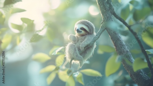 Sleepy sloth resting on a tree branch in a lush green forest, bathed in soft morning light. photo