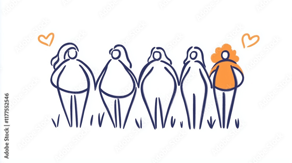 Obraz premium Body Positive Line Art Illustration of Diverse Group of Friends with Various Outfits Displaying Unity and Friendship
