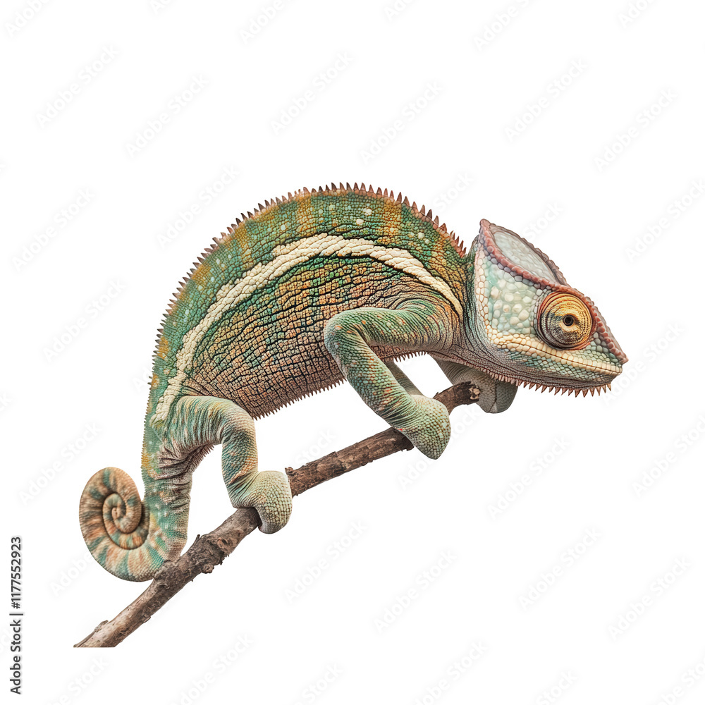 Obraz premium vibrant and detailed illustration of a chameleon perched on a branch. showcasing its distinctive colors and textures the chameleon?s unique features. such as its curled tail and bulging eyes. highligh