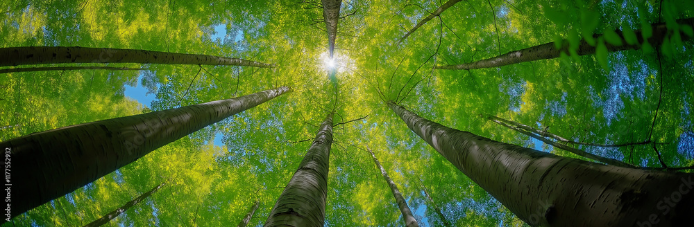 Fototapeta premium Landscape panorama view of a green tree canopy in a spring forest, symmetrical composition with lush trees reaching towards the sky, natural landscape with a peaceful atmosphere. Generative Ai