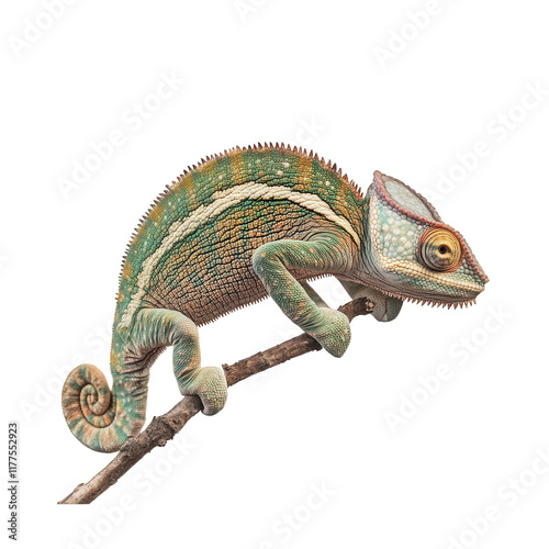 vibrant and detailed illustration of a chameleon perched on a branch. showcasing its distinctive colors and textures the chameleon?s unique features. such as its curled tail and bulging eyes. highligh photo