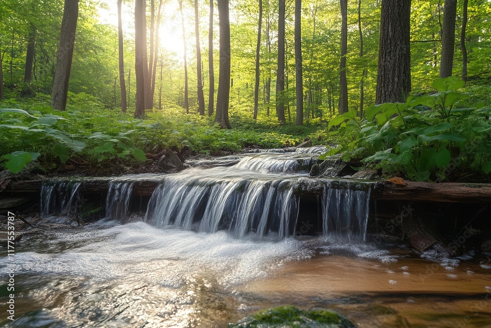 tranquil spring stream landscape with crystal clear water flowing past emerging young green plants in natural sunlight creating serene environment tranquil spring stream landscape with crystal clear water flowing past emerging young green plants in natural sunlight creating serene environment