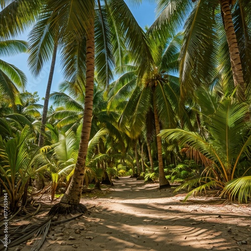 Endemic coco de mer (sea coconut) and other palm trees along the trail in Vallée de Mai (May Valley) in Praslin island, Seychelles
 photo