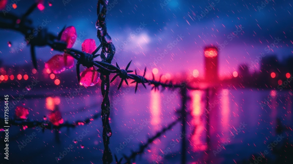 Fototapeta premium Rain-drenched barbed wire fence with pink flowers at night.