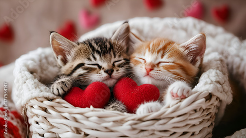 couple of happy kittens sleep together in a cozy whit