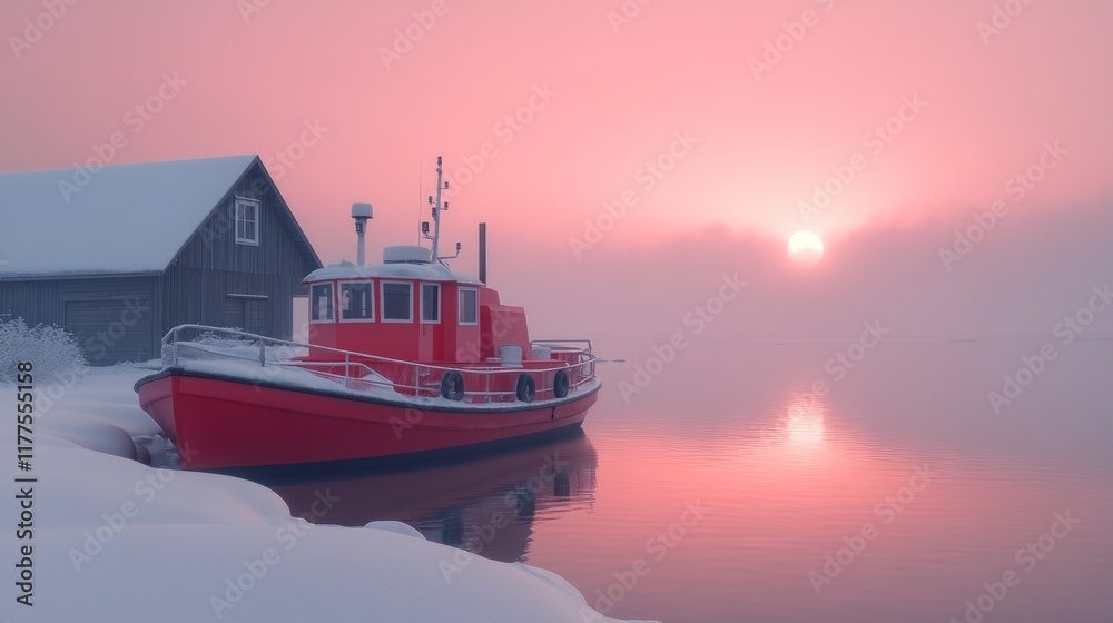 Red fishing boat moored at a snowy lakeside harbor at sunrise. Red fishing boat moored at a snowy lakeside harbor at sunrise.