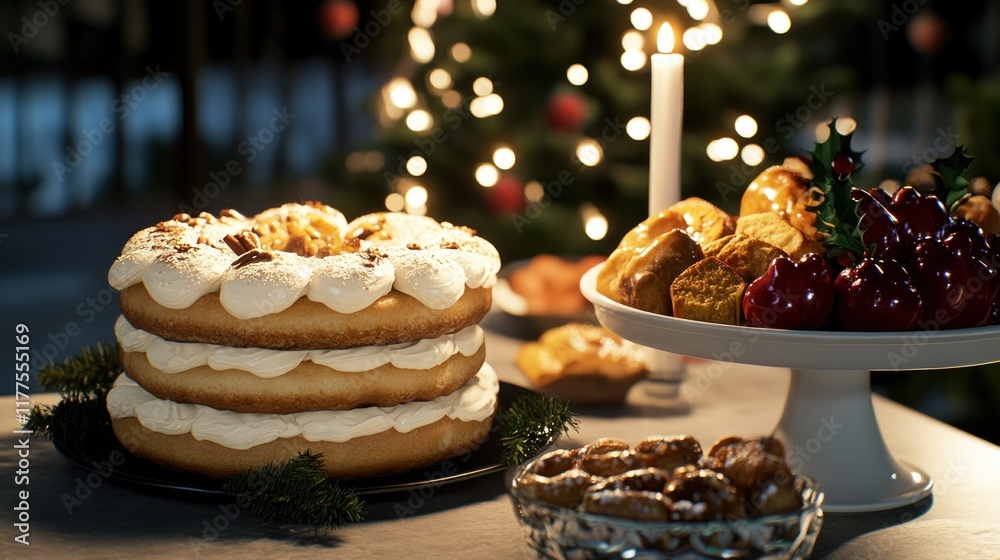 Naklejka premium Festive dessert display with a large cake and assorted pastries.
