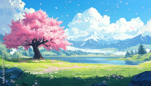 Spring cherry blossom tree lake mountain landscape