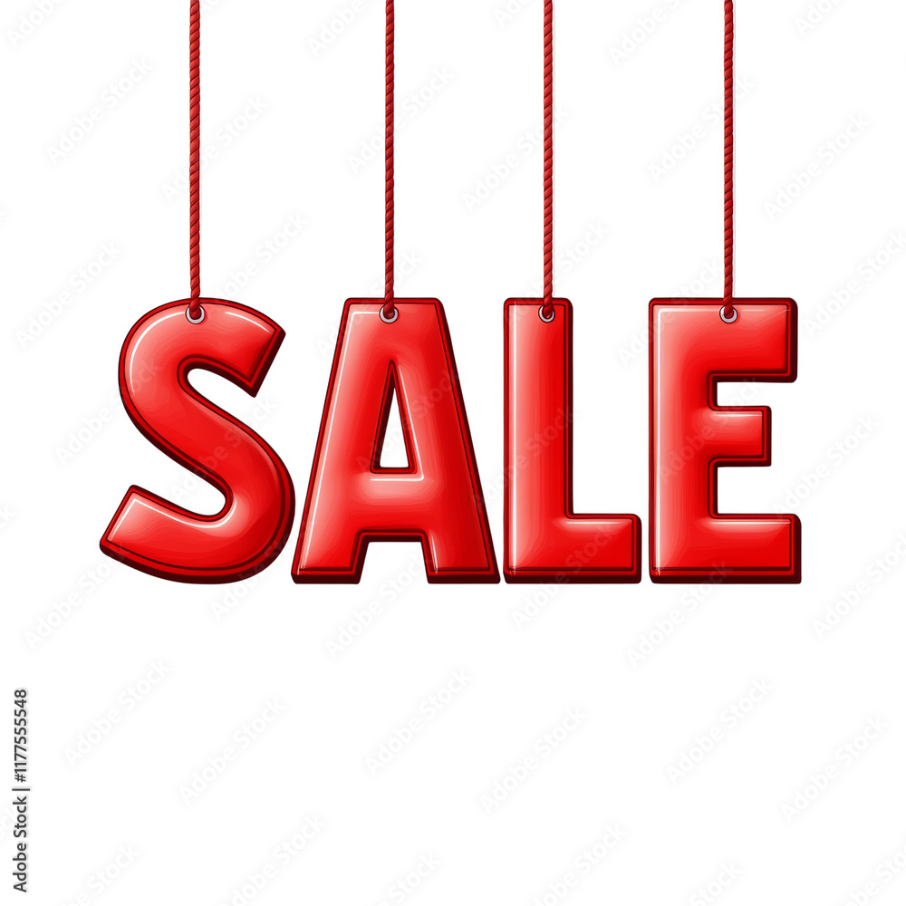 The image shows the word SALE in large red glossy letters suspended from strings against a white background. The image shows the word SALE in large red glossy letters suspended from strings against a white background.