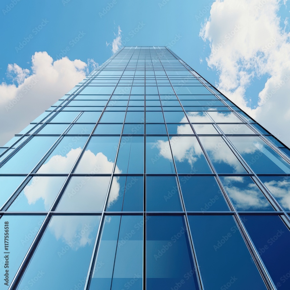 A stunning view of a modern skyscraper, reflecting blue skies and white clouds above. A stunning view of a modern skyscraper, reflecting blue skies and white clouds above.