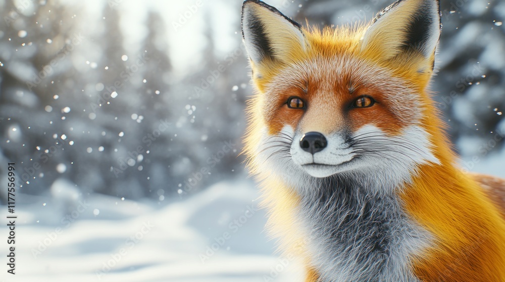 Fototapeta premium Red fox in snowy forest, looking at camera.