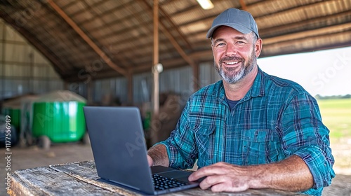 Farm worker using laptop in barn agriculture rural setting professional environment motivational concept