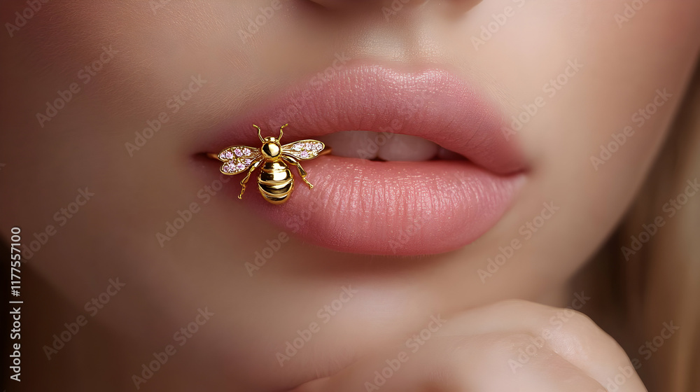 Obraz premium Close-up of a woman's lips adorned with a beautiful bee-shaped jewelry piece, showcasing unique fashion.