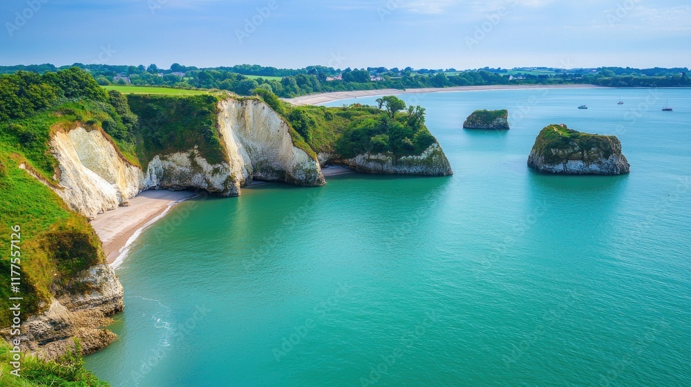 Obraz premium A stunning coastal landscape captured from a high angle, showcasing the contrast between the turquoise waters and the rocky shoreline. The perspective highlights the beauty and power of the sea white