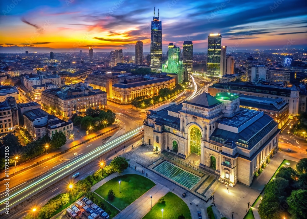 Obraz premium Milan Night Aerial: Garibaldi Station & Skyscrapers near Campo di Fiori Botanical Garden