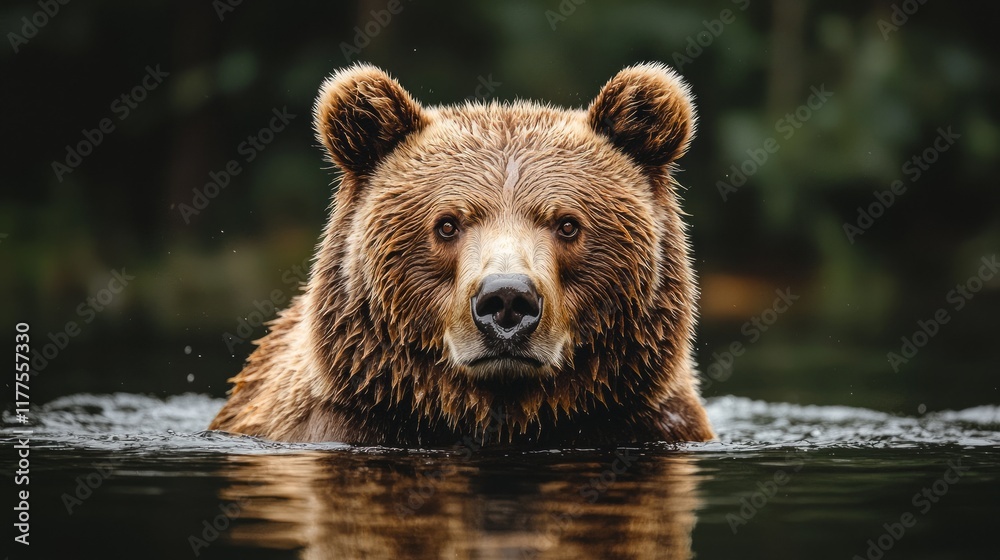 Close-up of a brown bear in water, staring intensely at the camera. Close-up of a brown bear in water, staring intensely at the camera.
