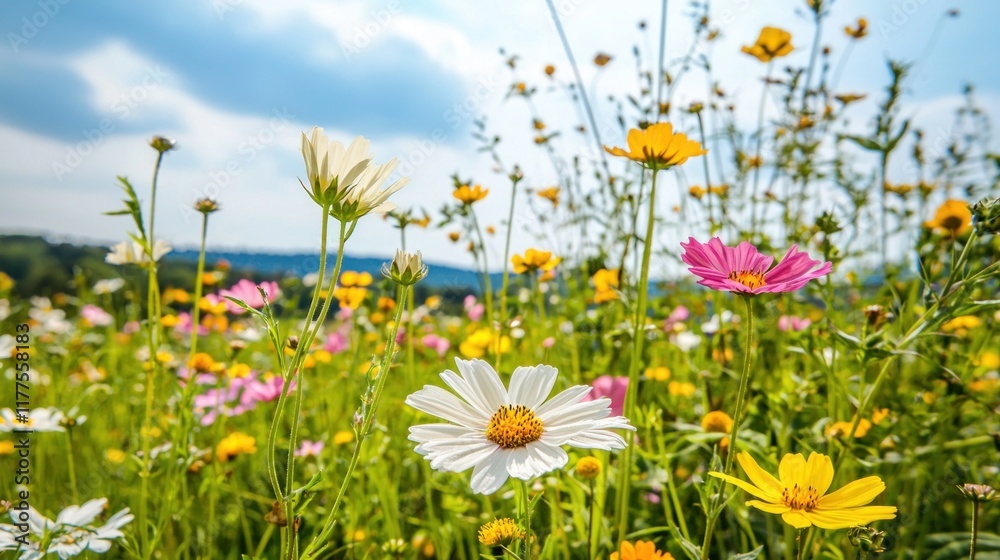 A wide-angle photograph of a vibrant meadow filled with colorful wildflowers, leading the eye to a distant mountain range. The vivid colors and sweeping view create a sense of depth and wonder white A wide-angle photograph of a vibrant meadow filled with colorful wildflowers, leading the eye to a distant mountain range. The vivid colors and sweeping view create a sense of depth and wonder white