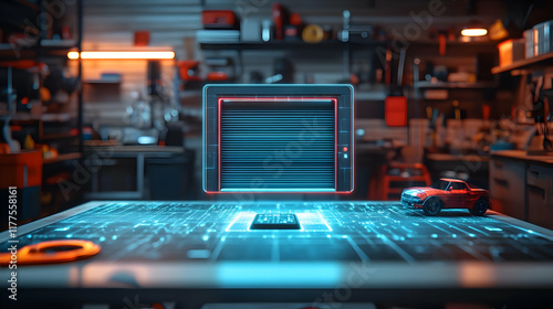 Wallpaper Mural Futuristic workspace showcasing a holographic interface and a miniature car toy on a tech-inspired table. Torontodigital.ca