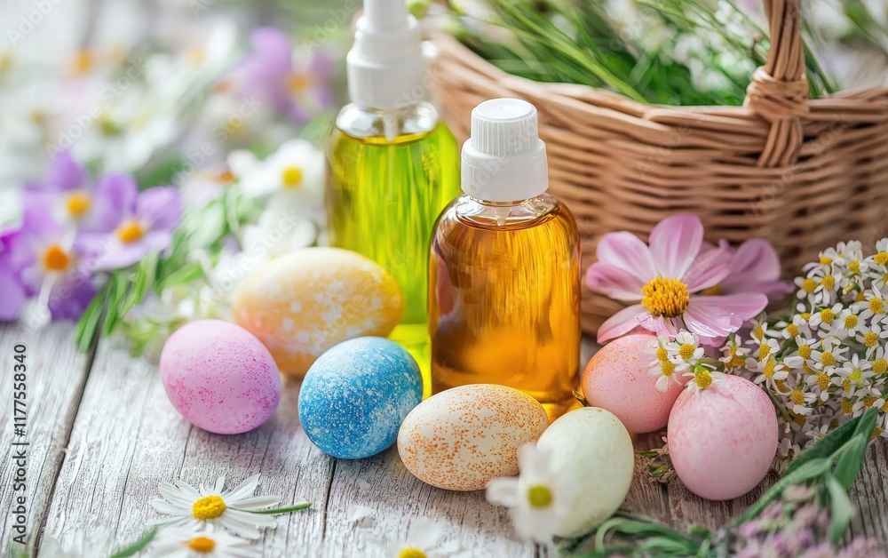 Fototapeta premium Aromatherapy oils and lotions arranged with Easter baskets and spring flowers