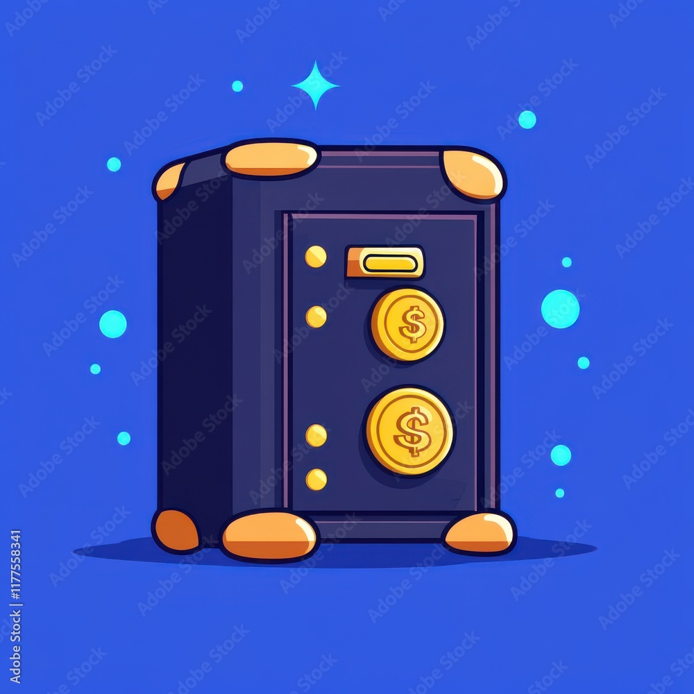 Naklejka premium A colorful cartoon safe with golden coins, symbolizing security and wealth on a bright blue background.